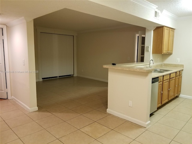 3995 W Mcnab Rd Unit B105, Pompano Beach, FL 33069 - kitchen with dishwasher, ornamental molding, light tile patterned flooring, light countertops, and a peninsula