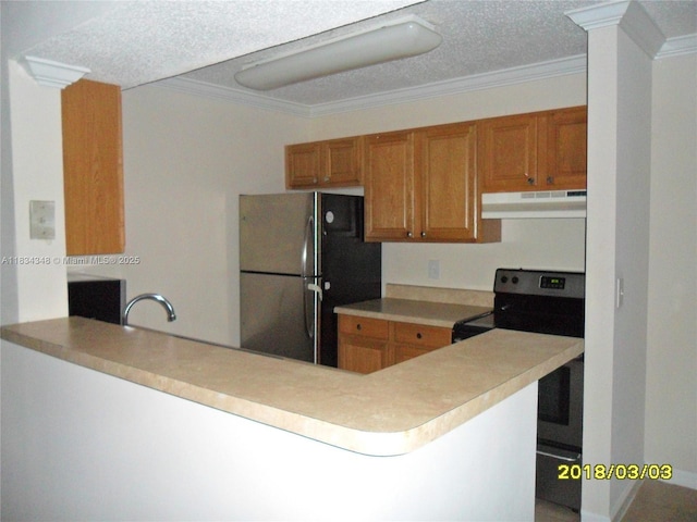 3995 W Mcnab Rd Unit B105, Pompano Beach, FL 33069 - kitchen with freestanding refrigerator, stainless steel range with electric cooktop, under cabinet range hood, brown cabinetry, and crown molding