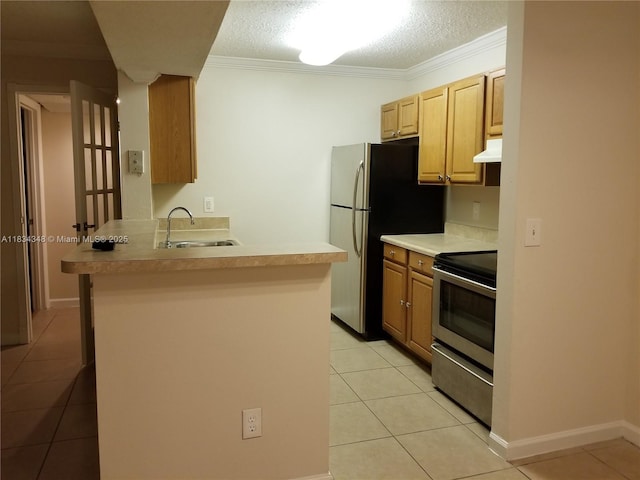 3995 W Mcnab Rd Unit B105, Pompano Beach, FL 33069 - kitchen featuring appliances with stainless steel finishes, light tile patterned flooring, a peninsula, under cabinet range hood, and light countertops