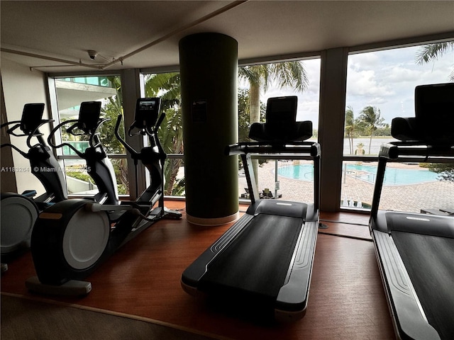 2641 N Flamingo Rd Unit 1203N, Sunrise, FL 33323 - gym featuring floor to ceiling windows, plenty of natural light, and wood finished floors