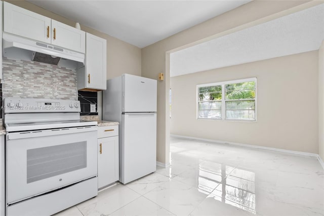 251 SW 132nd Way Unit 201H, Pembroke Pines, FL 33027 - kitchen with white appliances, under cabinet range hood, light marble finish floors, and tasteful backsplash