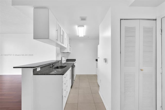 275 NE 18th St Unit 706, Miami, FL 33132 - kitchen featuring white cabinetry, electric range, dark stone countertops, and white microwave