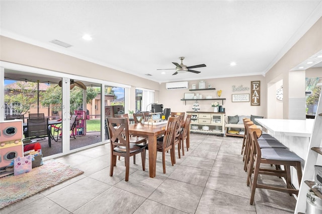 5820 Australian Pine Dr, Tamarac, FL 33319 - dining room with a wall mounted AC, a ceiling fan, ornamental molding, and recessed lighting