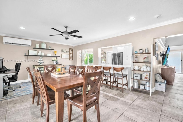 5820 Australian Pine Dr, Tamarac, FL 33319 - dining room with a wall mounted air conditioner, crown molding, ceiling fan, and recessed lighting