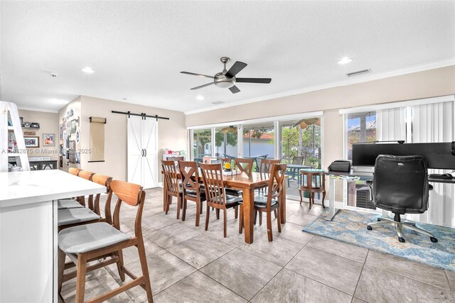 5820 Australian Pine Dr, Tamarac, FL 33319 - dining room featuring a barn door, ceiling fan, crown molding, an office area, and recessed lighting