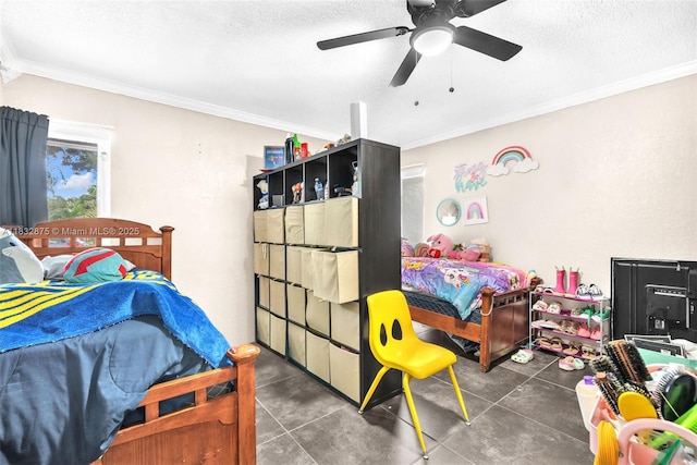 5820 Australian Pine Dr, Tamarac, FL 33319 - bedroom with ornamental molding, a textured ceiling, and a ceiling fan