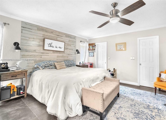 5820 Australian Pine Dr, Tamarac, FL 33319 - bedroom with crown molding, wooden walls, an accent wall, a textured ceiling, and a ceiling fan