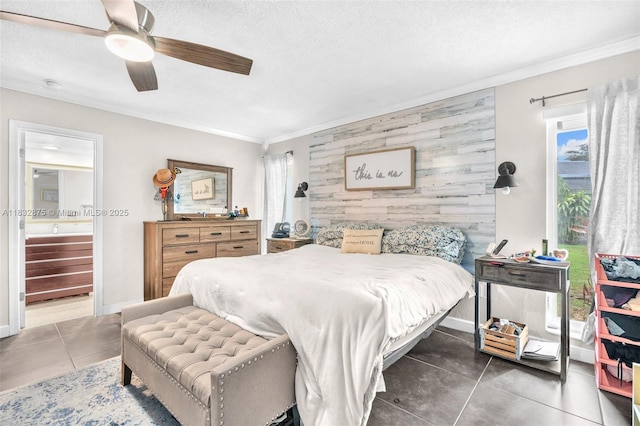 5820 Australian Pine Dr, Tamarac, FL 33319 - bedroom with an accent wall, multiple windows, crown molding, tile patterned flooring, and ceiling fan