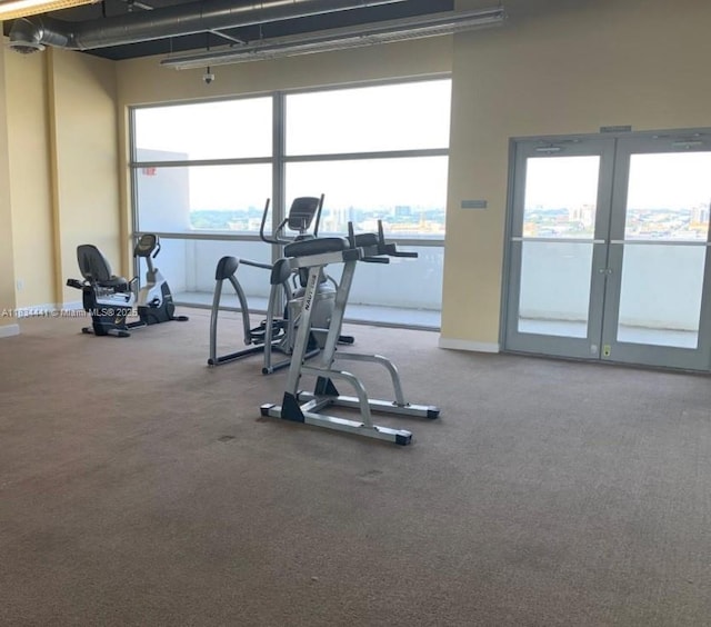 36 NW 6th Ave Unit 906, Miami, FL 33128 - gym with healthy amount of natural light, french doors, and carpet