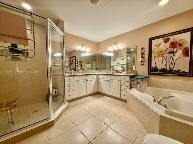 3001 NE 185th St Unit 112, Aventura, FL 33180 - full bathroom with a shower stall, a bath, vanity, and tile patterned flooring