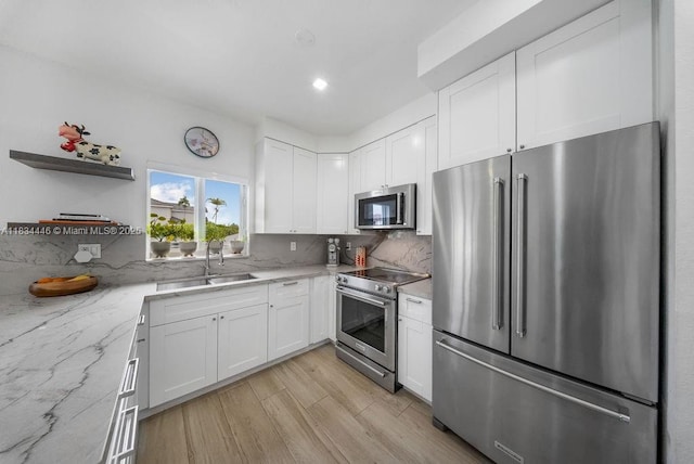 985 SW 147th Ct, Miami, FL 33194 - kitchen with appliances with stainless steel finishes, white cabinetry, open shelves, light wood-style flooring, and recessed lighting