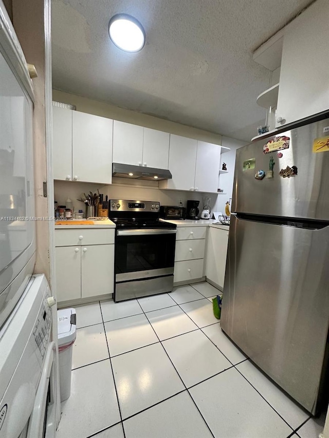 2775 W 52nd St Unit 305, Hialeah, FL 33016 - kitchen featuring appliances with stainless steel finishes, under cabinet range hood, open shelves, white cabinetry, and a textured ceiling