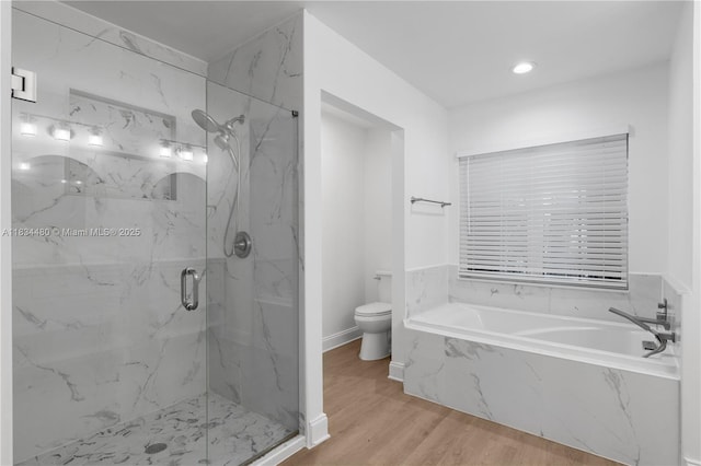 1525 Seabay Rd, Weston, FL 33326 - full bathroom with a bath, a marble finish shower, wood finished floors, and recessed lighting