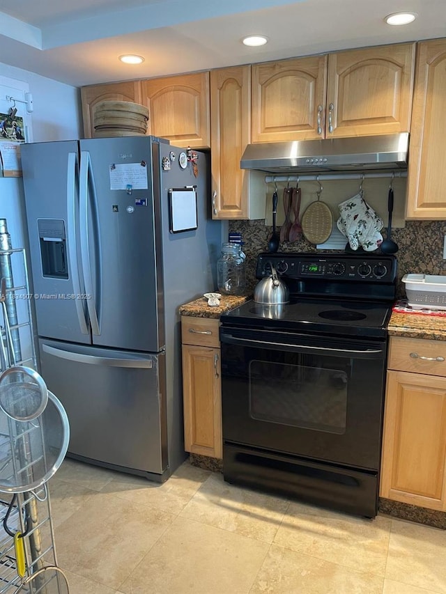 3180 S Ocean Dr Unit 1602, Hallandale Beach, FL 33009 - kitchen featuring black electric range oven, stainless steel refrigerator with ice dispenser, under cabinet range hood, backsplash, and recessed lighting