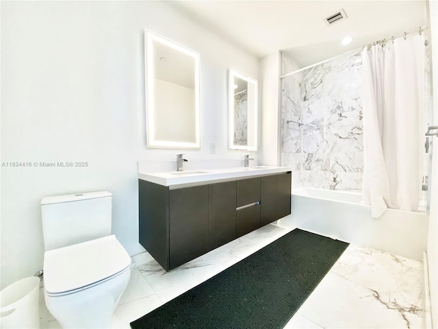 851 NE 1st Ave Unit 2802, Miami, FL 33132 - full bath featuring marble look tile flooring, shower / tub combo, and double vanity