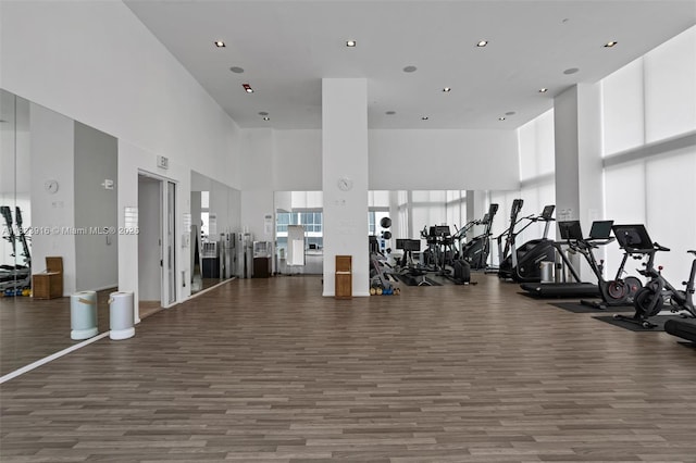 1040 Biscayne Blvd Unit 2108, Miami, FL 33132 - gym with a high ceiling, wood finished floors, and recessed lighting