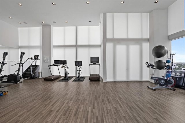1040 Biscayne Blvd Unit 2108, Miami, FL 33132 - workout area featuring a high ceiling and wood finished floors