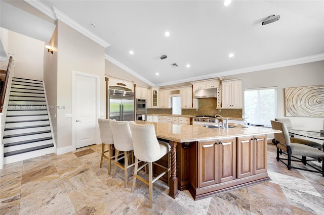16701 SW 49th St, Southwest Ranches, FL 33331 - kitchen featuring under cabinet range hood, appliances with stainless steel finishes, crown molding, a large island with sink, and lofted ceiling
