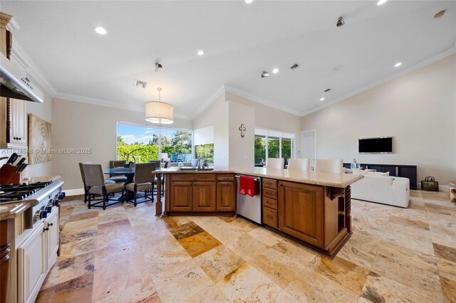 16701 SW 49th St, Southwest Ranches, FL 33331 - kitchen with appliances with stainless steel finishes, vaulted ceiling, healthy amount of natural light, brown cabinets, and ornamental molding