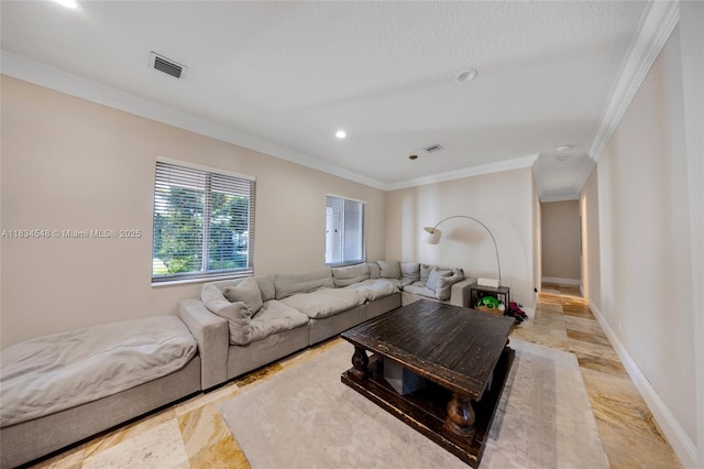16701 SW 49th St, Southwest Ranches, FL 33331 - living area with ornamental molding, recessed lighting, and light marble finish floors