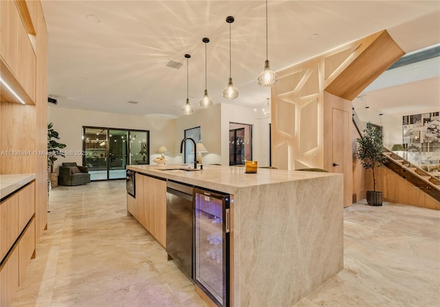 18269 SW 54th St, Miramar, FL 33029 - kitchen with beverage cooler, modern cabinets, light brown cabinets, and open floor plan