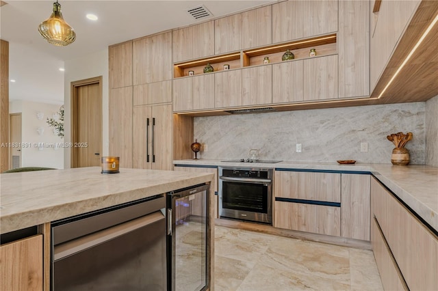 18269 SW 54th St, Miramar, FL 33029 - kitchen with appliances with stainless steel finishes, wine cooler, light brown cabinets, open shelves, and tasteful backsplash