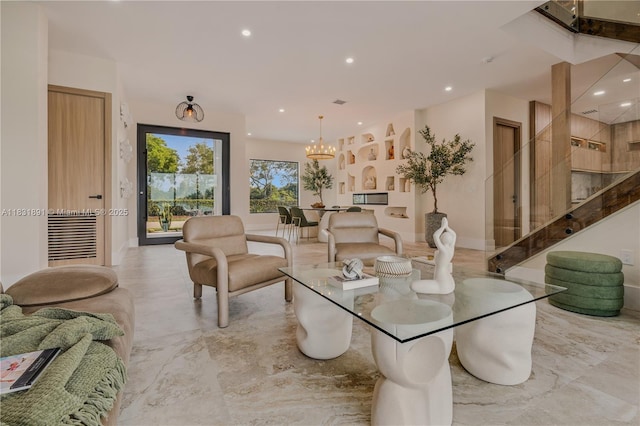 18269 SW 54th St, Miramar, FL 33029 - living room featuring recessed lighting, a chandelier, and marble tiled floors