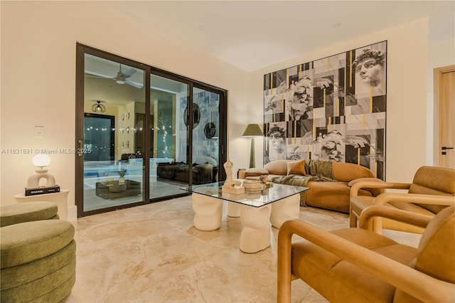 18269 SW 54th St, Miramar, FL 33029 - living area featuring marble finish flooring and ceiling fan