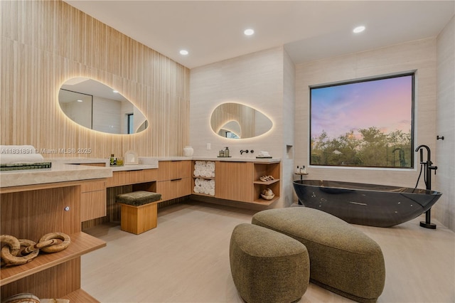 18269 SW 54th St, Miramar, FL 33029 - full bathroom featuring vanity, a freestanding tub, wood finished floors, and recessed lighting