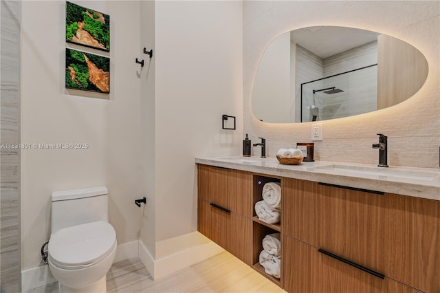 18269 SW 54th St, Miramar, FL 33029 - full bathroom featuring double vanity, a tile shower, and backsplash