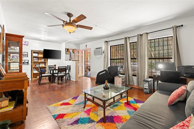 1430 NE 148th St, Miami, FL 33161 - living room featuring ceiling fan, wood finished floors, and a wall unit AC