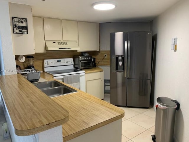 9421 Fontainebleau Blvd Unit 206-35, Miami, FL 33172 - kitchen featuring stainless steel refrigerator with ice dispenser, premium range hood, electric range, decorative backsplash, and light tile patterned floors
