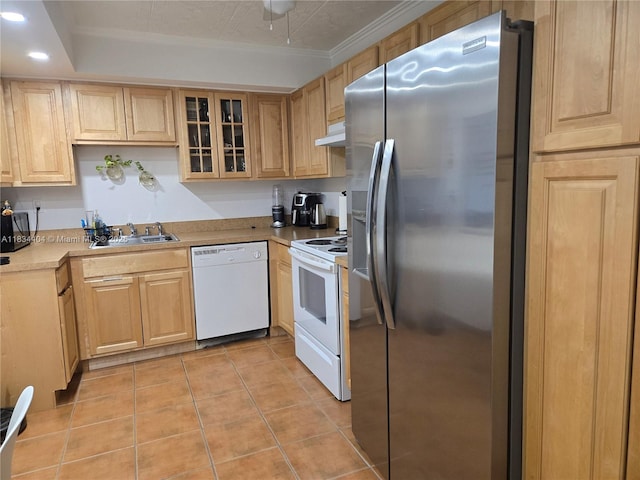 1000 Parkview Dr Unit 114, Hallandale Beach, FL 33009 - kitchen featuring white appliances, under cabinet range hood, light tile patterned floors, light brown cabinetry, and recessed lighting