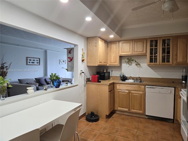 1000 Parkview Dr Unit 114, Hallandale Beach, FL 33009 - kitchen featuring dishwasher, tile patterned flooring, glass insert cabinets, a ceiling fan, and recessed lighting