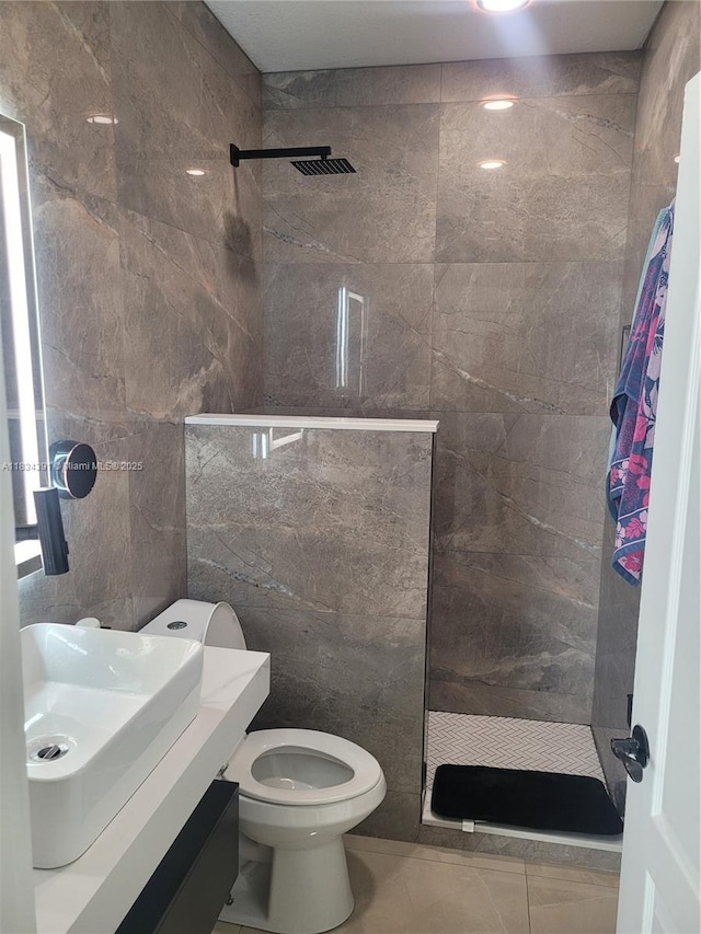 16909 SW 141st Ct, Miami, FL 33177 - bathroom with walk in shower, tile walls, and vanity