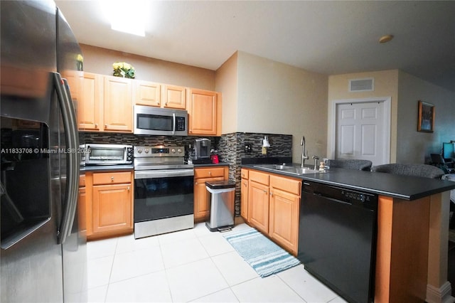 3335 Palomino Dr, Davie, FL 33024 - kitchen with stainless steel appliances, a peninsula, dark countertops, tasteful backsplash, and light tile patterned floors