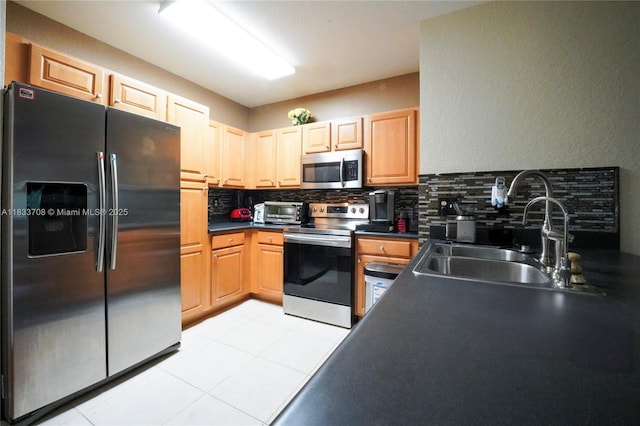 3335 Palomino Dr, Davie, FL 33024 - kitchen with stainless steel appliances, backsplash, light tile patterned flooring, and dark countertops