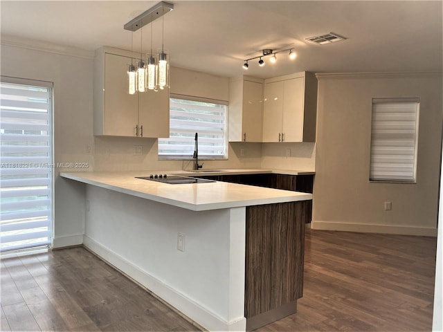 9017 SW 157th Path, Miami, FL 33196 - kitchen featuring light countertops, a peninsula, dark wood-style flooring, crown molding, and black electric cooktop