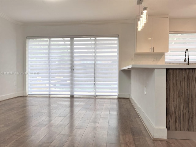 9017 SW 157th Path, Miami, FL 33196 - kitchen with wood finished floors, decorative light fixtures, light countertops, white cabinets, and ornamental molding
