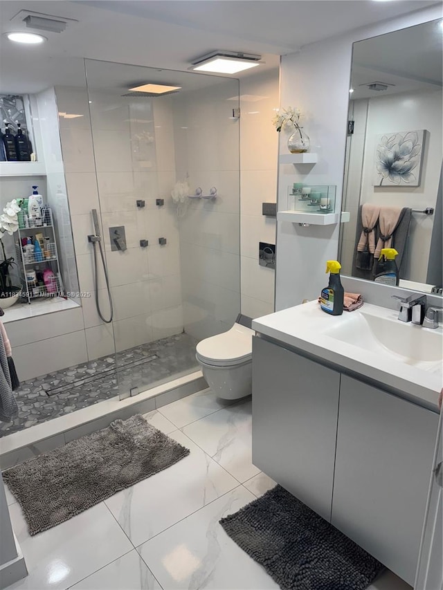 13355 SW 16th Ct Unit 105E, Pembroke Pines, FL 33027 - full bath with vanity, walk in shower, and marble finish flooring