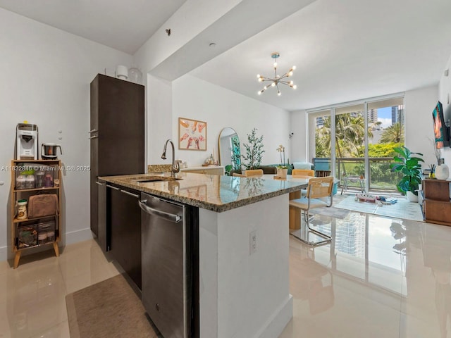 950 Brickell Bay Dr Unit 1103, Miami, FL 33131 - kitchen featuring dishwasher, light tile patterned floors, light stone countertops, a chandelier, and floor to ceiling windows
