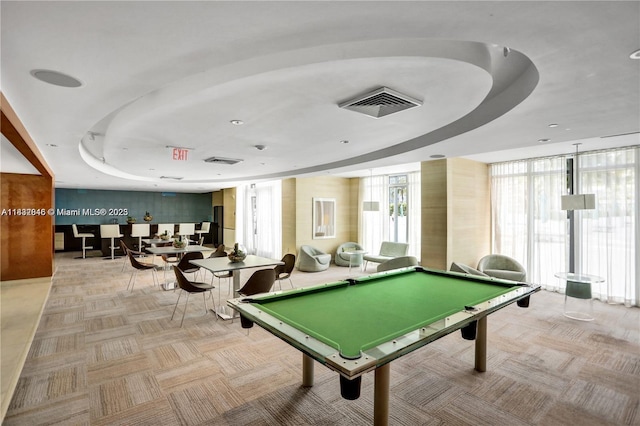 950 Brickell Bay Dr Unit 1103, Miami, FL 33131 - recreation room featuring carpet, billiards, and a tray ceiling