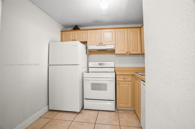 9310 Fontainebleau Blvd Unit 203, Miami, FL 33172 - kitchen with white appliances, under cabinet range hood, light brown cabinets, a textured ceiling, and light tile patterned flooring
