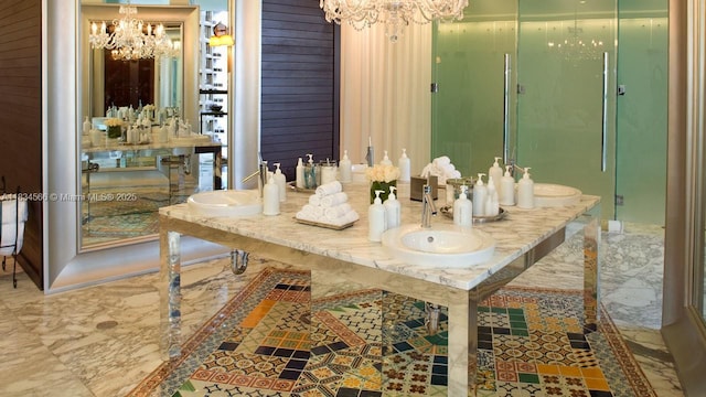 465 Brickell Ave Unit 4505, Miami, FL 33131 - full bathroom featuring a chandelier, marble tiled flooring, and a shower stall