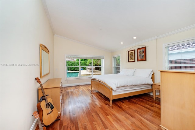 1583 SW 191st Ave, Pembroke Pines, FL 33029 - bedroom featuring light wood-style floors, ornamental molding, multiple windows, vaulted ceiling, and recessed lighting