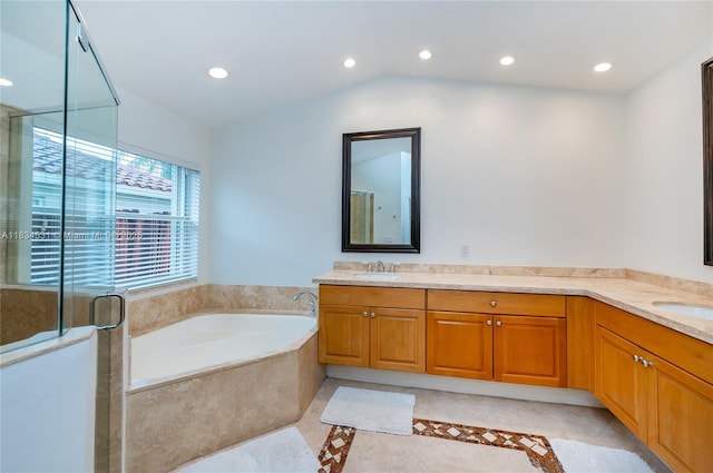 1583 SW 191st Ave, Pembroke Pines, FL 33029 - full bathroom with a garden tub, a shower stall, recessed lighting, double vanity, and lofted ceiling