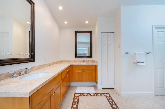 1583 SW 191st Ave, Pembroke Pines, FL 33029 - bathroom featuring a closet, double vanity, recessed lighting, and tile patterned floors