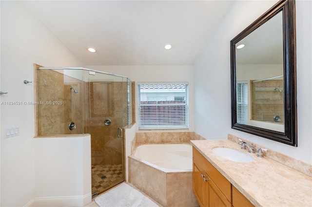 1583 SW 191st Ave, Pembroke Pines, FL 33029 - bathroom with vanity, a bath, a stall shower, and recessed lighting