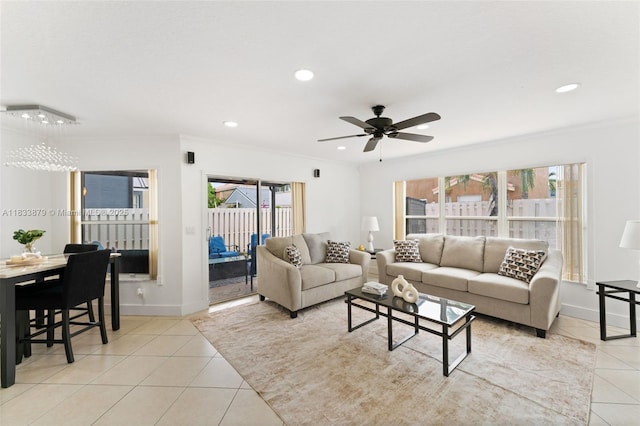 1894 SW 149th Ave, Miramar, FL 33027 - living room featuring light tile patterned floors, recessed lighting, crown molding, and a ceiling fan