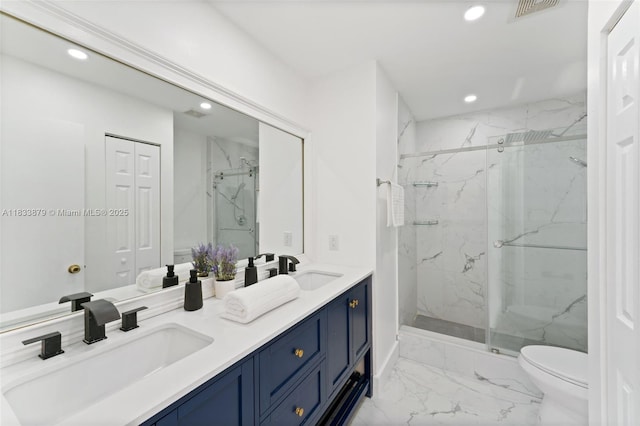 1894 SW 149th Ave, Miramar, FL 33027 - full bathroom featuring marble finish flooring, a marble finish shower, recessed lighting, double vanity, and a closet